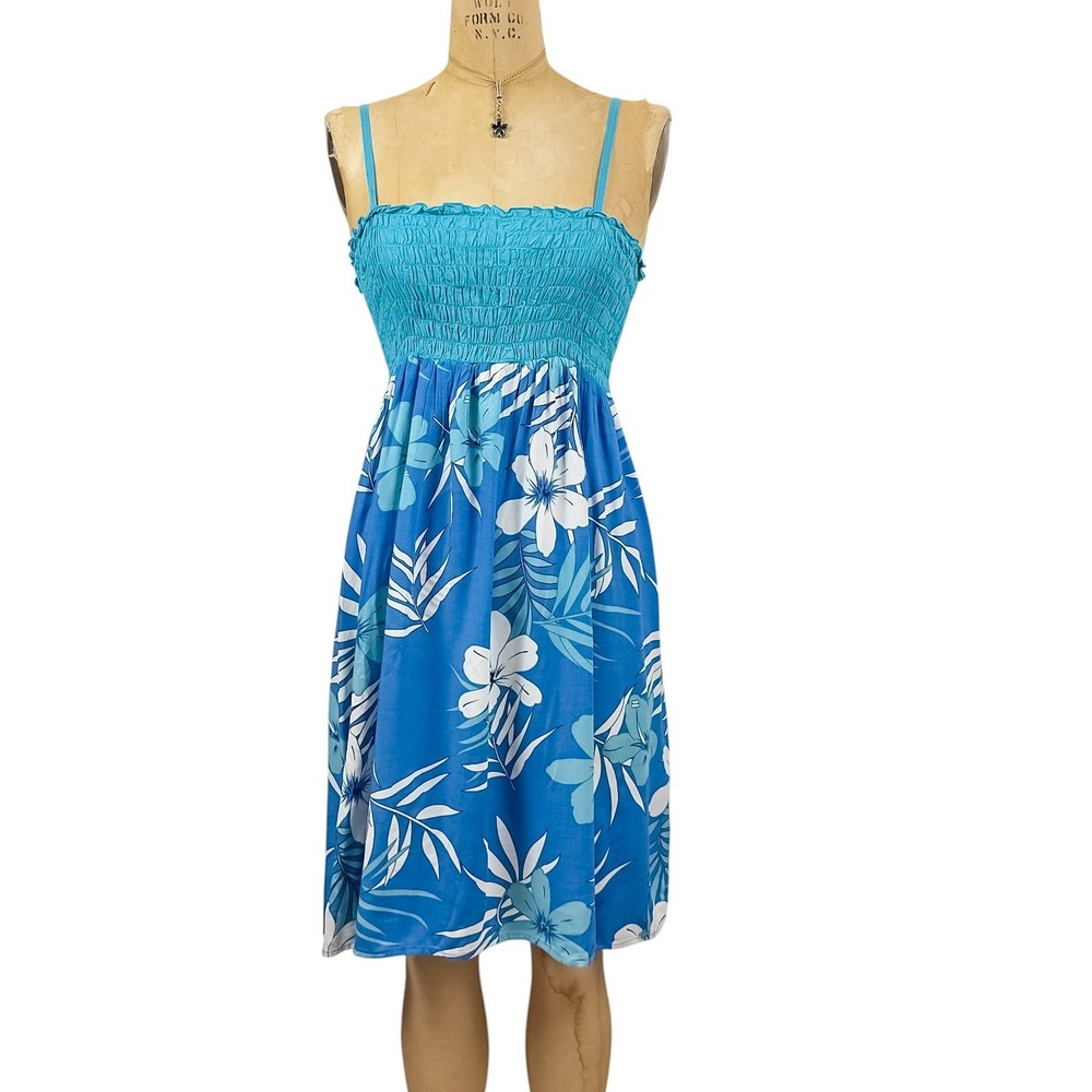 Y2K Tropical Smocked Hibiscus Mini Dress Blue Floral Summer Beachy Coastal S